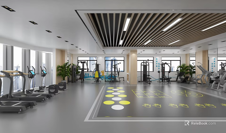 Modern Fitness Gym with Treadmills Weight Machines Yellow White Floor Markers Plants and Windows 3d model 