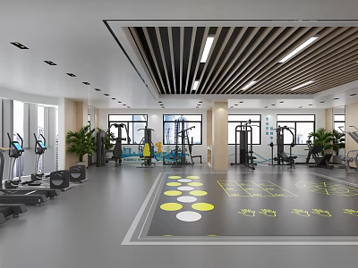 Modern Fitness Gym with Treadmills Weight Machines Yellow White Floor Markers Plants and Windows 3d model