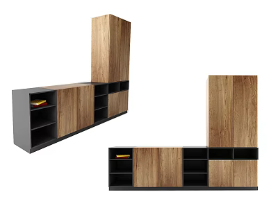 Modern Wooden TV Stand Combination Design With Cabinets And Storage Shelves 3d model