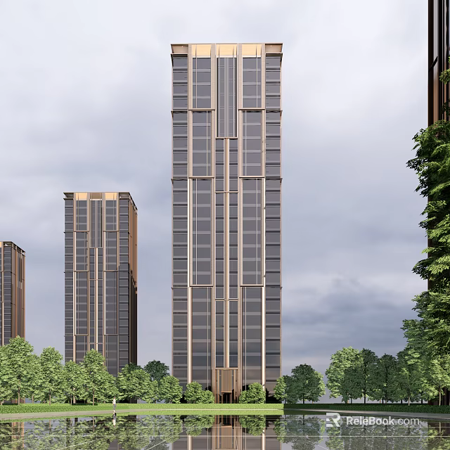 Modern Tall Residential Towers With Glass Facades Golden Accents And Green Trees 3d model 