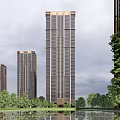 Modern Tall Residential Towers With Glass Facades Golden Accents And Green Trees