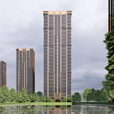 Modern Tall Residential Towers With Glass Facades Golden Accents And Green Trees 3d model