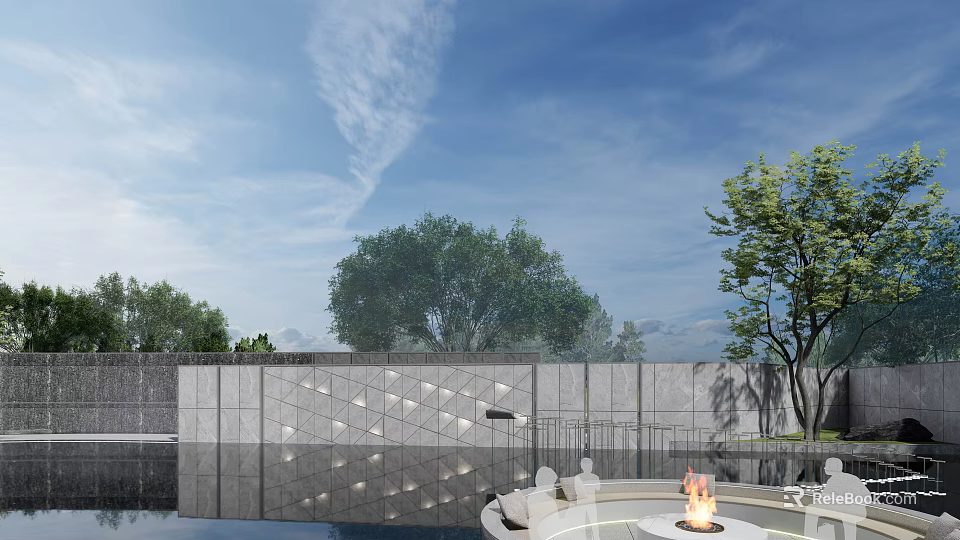 Garden Landscape Design With Stone Wall Water Reflection Trees And Fire Pit Seating 3d model