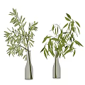 Two Green Glass Vases With Fresh Green Leafy Branches On White Background