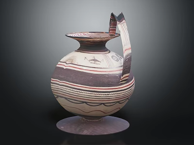 Traditional Ceramic Pottery Jar With Striped Patterns Curved Handle And Base Design 3d model