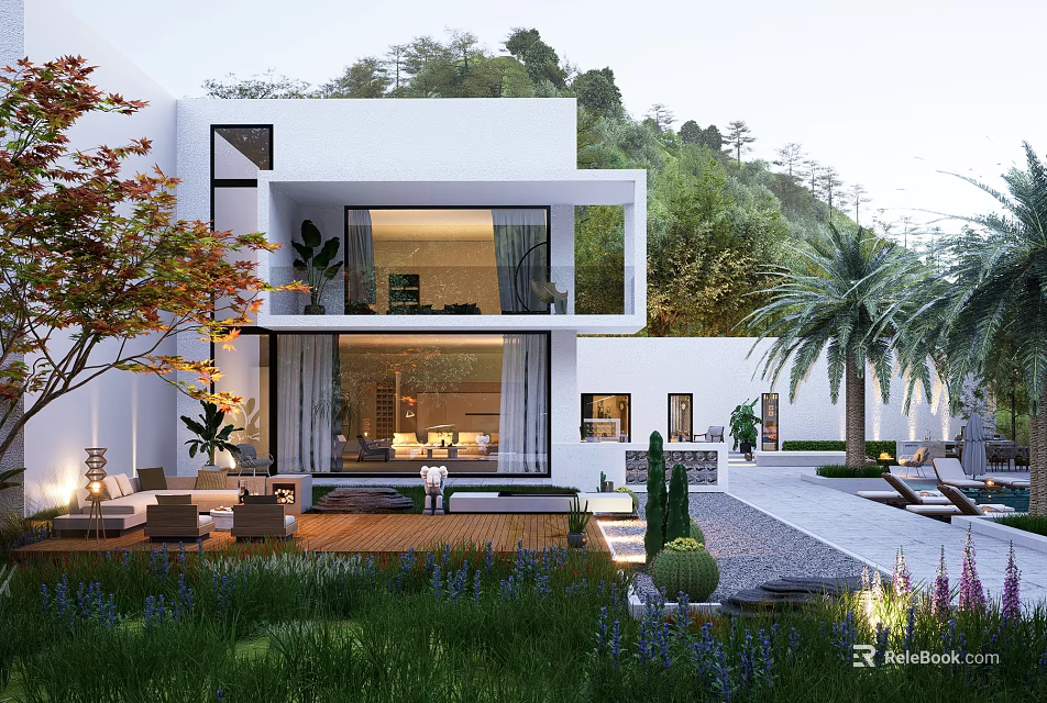 Modern Detached Villa With Landscaped Garden Lush Greenery Palm Trees And Outdoor Seating 3d model 