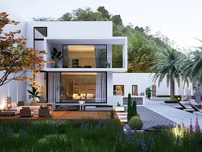 Modern Detached Villa With Landscaped Garden Lush Greenery Palm Trees And Outdoor Seating 3d model
