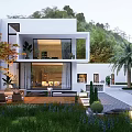 Modern Detached Villa With Landscaped Garden Lush Greenery Palm Trees And Outdoor Seating