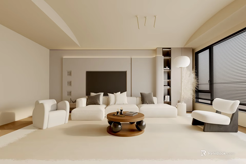 Modern Living Room Interior With White Sofa Coffee Table TV Bookshelf And Floor Lamp 3d model 
