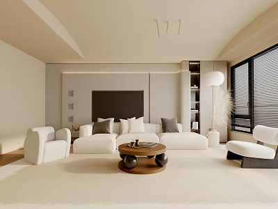 Modern Living Room Interior With White Sofa Coffee Table TV Bookshelf And Floor Lamp 3d model