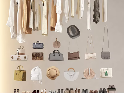 Stylish Hanging Clothes Display With Various Bags Hats And Shoes Collection 3d model