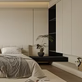 Modern Minimalist Bedroom Interior With Upholstered Bed Blanket Plant And Decorative Painting