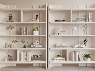 Modern Light Colored Shelving Unit With Books Potted Plants Decorative Figurines And Small Sculptures 3d model