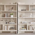 Modern Light Colored Shelving Unit With Books Potted Plants Decorative Figurines And Small Sculptures
