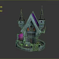 Gothic Style Cartoon Haunted House With Pointed Towers Purple Blue Roofs And Decorative Windows