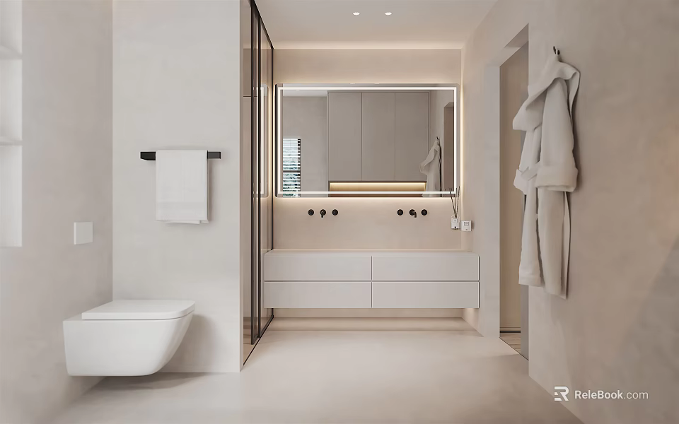 Minimalist Modern White Bathroom Interior With Glass Shower Enclosure Backlit Mirror Vanity And Towel Rack 3d model 