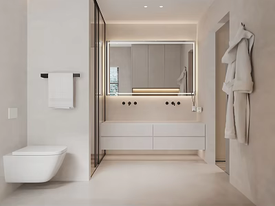 Minimalist Modern White Bathroom Interior With Glass Shower Enclosure Backlit Mirror Vanity And Towel Rack 3d model