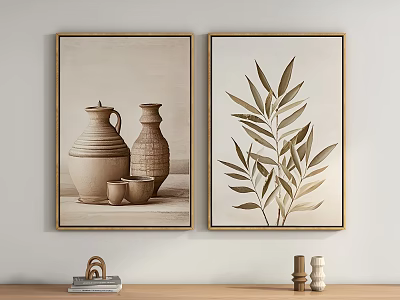 Gold Framed Botanical Painting And Terracotta Art On Light Wall With Wooden Shelf Decor 3d model