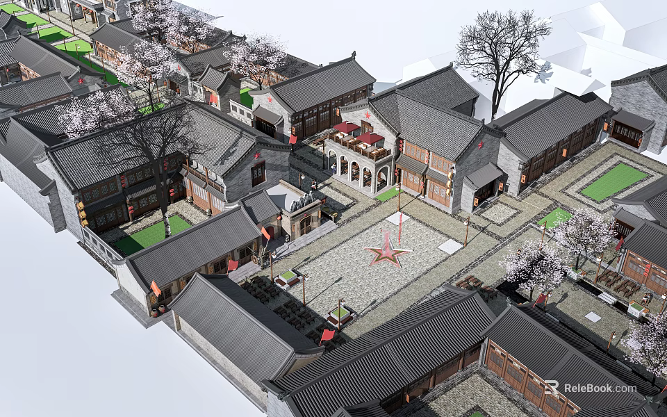 Ancient Architecture Complex Featuring Traditional Courtyards And Cherry Blossom Trees 3d model 