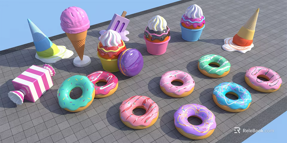 Assorted Colorful Donuts and Ice Cream Treats with Frosting and Sprinkles on 3d model 
