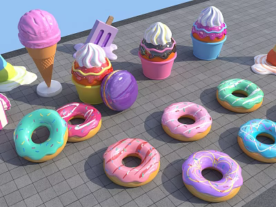 Assorted Colorful Donuts and Ice Cream Treats with Frosting and Sprinkles on 3d model
