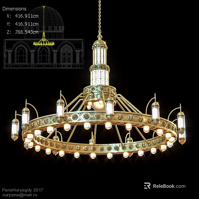 Decorative Golden Multi Tiered Chandelier With Crystal Accents And Glass Shades 3d model 