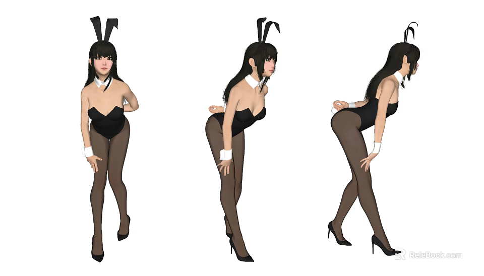 Woman in Black Bunny Costume with Black Stockings and High Heels in Various Poses 3d model 