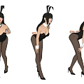 Woman in Black Bunny Costume with Black Stockings and High Heels in Various Poses