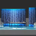 Modern Exhibition Scene With Blue Water Curtain Walls And Transparent Display Stands