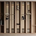 Modern Wooden Bookcase With Open Compartments Decorative Items And Vertical Slats