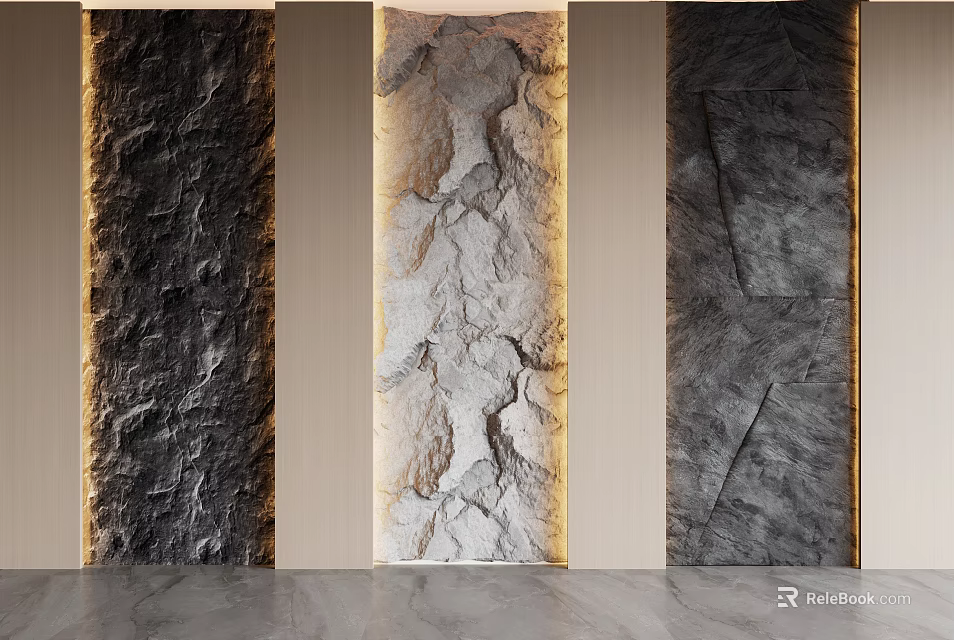 Three Modern Textured Background Wall Designs With Stone Like Patterns And Frames 3d model 