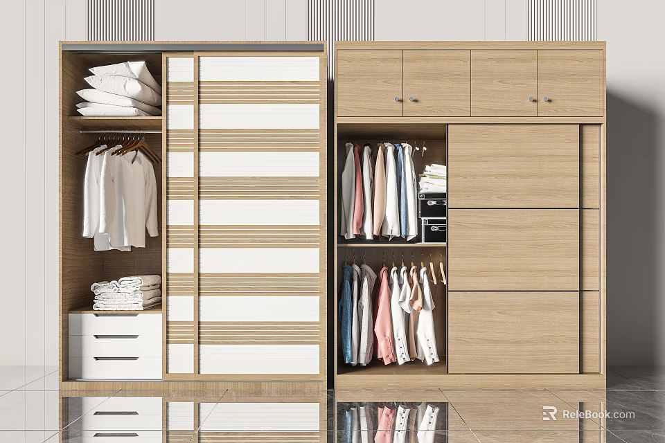 Modern Wardrobe Design With Wood And White Drawers Hanging Rods And Storage Sections 3d model 