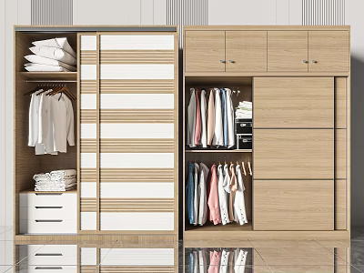 Modern Wardrobe Design With Wood And White Drawers Hanging Rods And Storage Sections 3d model