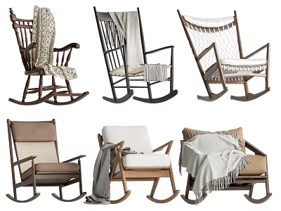 Modern Wooden Rocking Chairs with Cozy Blankets and Various Comfortable Designs 3d model