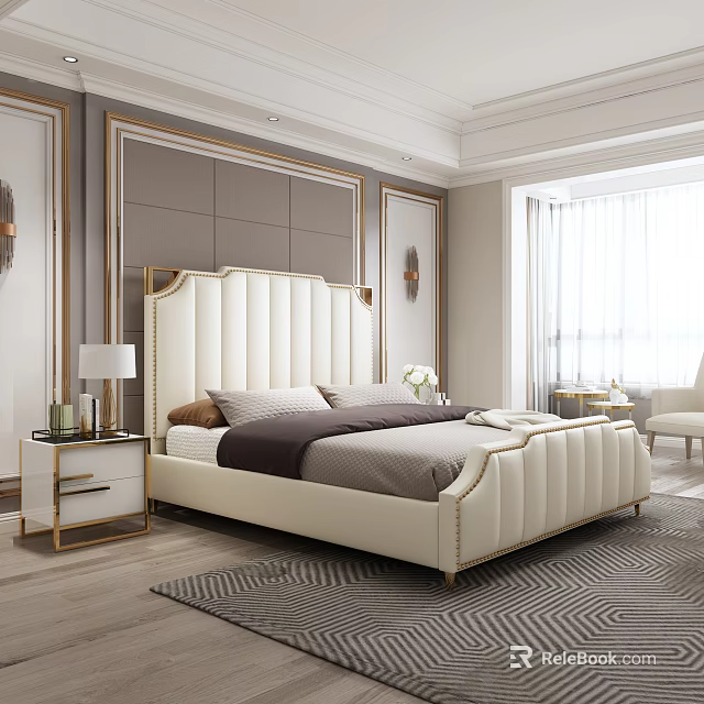 Elegant Modern Double Bed With Tufted Headboard Gold Accents Bedside Table Gray Wall White Curtains 3d model 