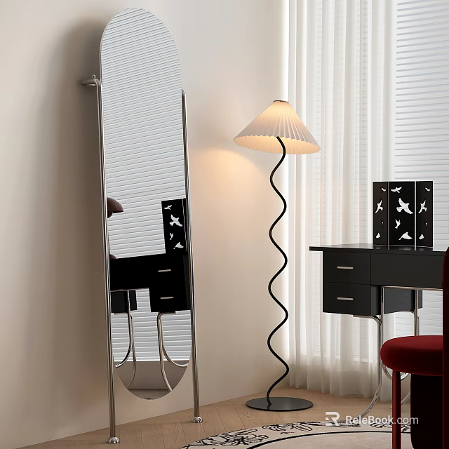 Full Length Mirror in Stylish Bedroom With Floor Lamp and Desk 3d model 