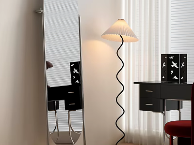 Full Length Mirror in Stylish Bedroom With Floor Lamp and Desk 3d model