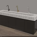 Modern Bathroom Washbasin Vanity With Terrazzo Speckled Countertop Three Modern Faucets And Dark Cabinets