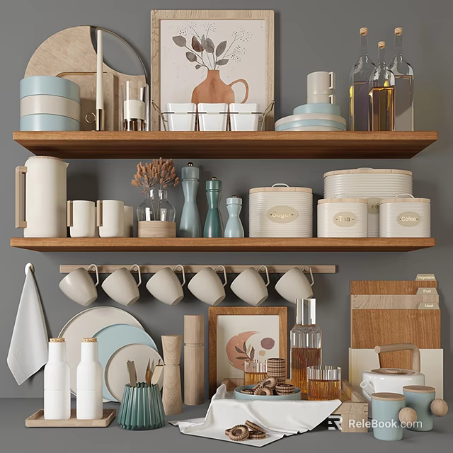 Wooden Shelf Decorative Ornament Set With Hanging Cups Stacked Plates And Ceramic Vases 3d model 