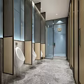 Modern Public Restroom With Dark Tile Walls Stalls And Wooden Pedestals