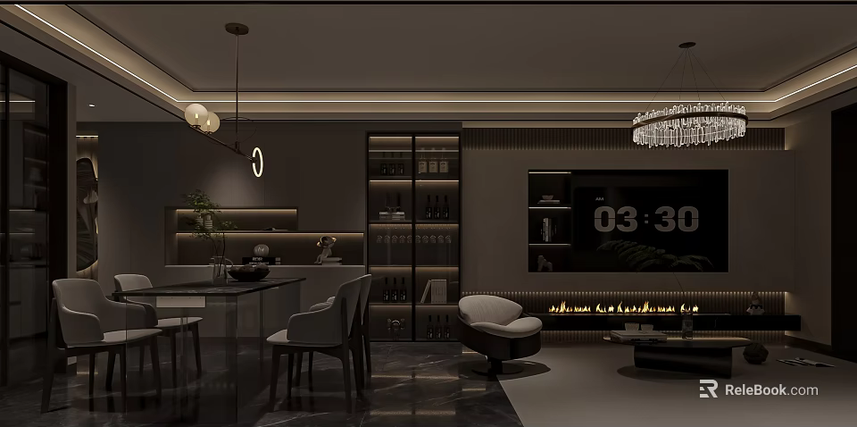 Modern Luxury Dark Toned Open Living And Dining Room Interior Design With Ambient Lighting 3d model 