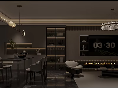 Modern Luxury Dark Toned Open Living And Dining Room Interior Design With Ambient Lighting 3d model