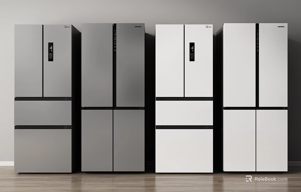 Modern Silver and White Refrigerators with Different Styles Placed Side by Side in Kitchen 3d model 