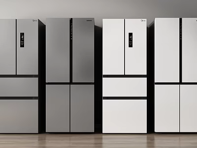 Modern Silver and White Refrigerators with Different Styles Placed Side by Side in Kitchen 3d model