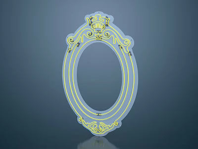 Elegant Oval Picture Frame With Yellow Neon Lines And Intricate Patterns On Dark Blue Background 3d model