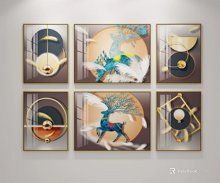 Modern Decorative Wall Art With Geometric Elements Feathers Deer And Golden Frames 3d model