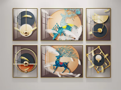 Modern Decorative Wall Art With Geometric Elements Feathers Deer And Golden Frames 3d model