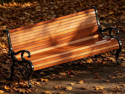 Public Bench With Wooden Slat Seat And Black Metal Armrests Surrounded By Fallen Leaves 3d model