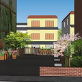 Rural Landscape With Traditional Houses Green Trees And Flower Pots Along Path