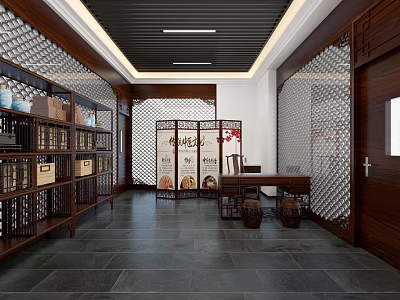 Chinese Traditional Interior With Wooden Bookshelves Carved Screen And Ceramic Jars 3d model